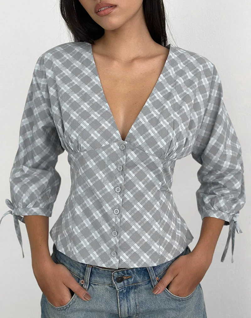 Chemise à manches trois-quarts Kadeka en popeline à carreaux obliques gris