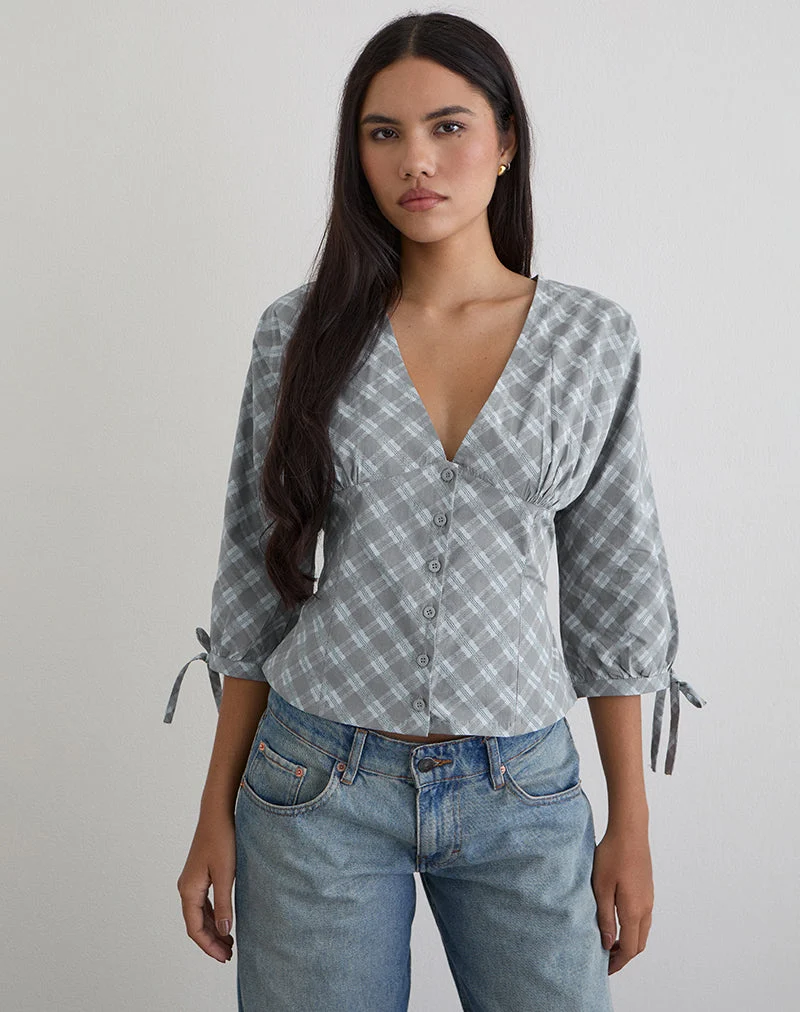Chemise à manches trois-quarts Kadeka en popeline à carreaux obliques gris