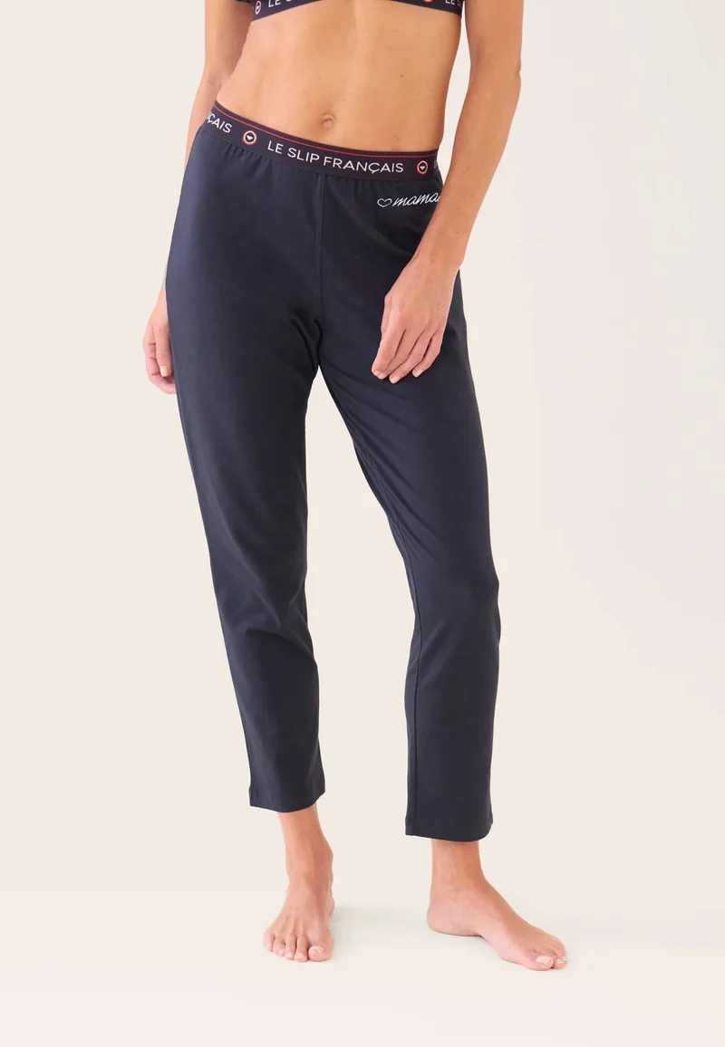 Bas de pyjama long femme bleu marine en coton - Vigoureuse Marine Brodé C_x009c_ur Maman