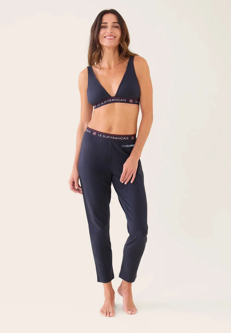 Bas de pyjama long femme bleu marine en coton - Vigoureuse Marine Brodé C_x009c_ur Maman
