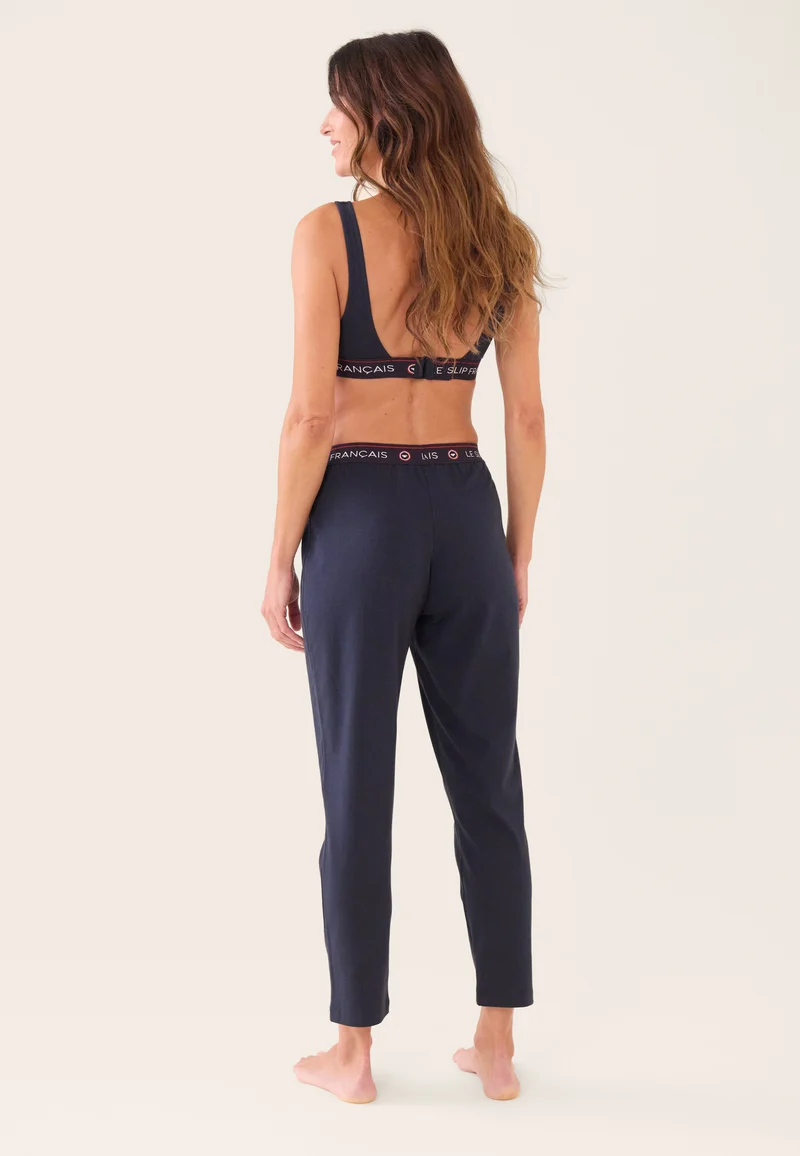 Bas de pyjama long femme bleu marine en coton - Vigoureuse Marine Brodé C_x009c_ur Maman