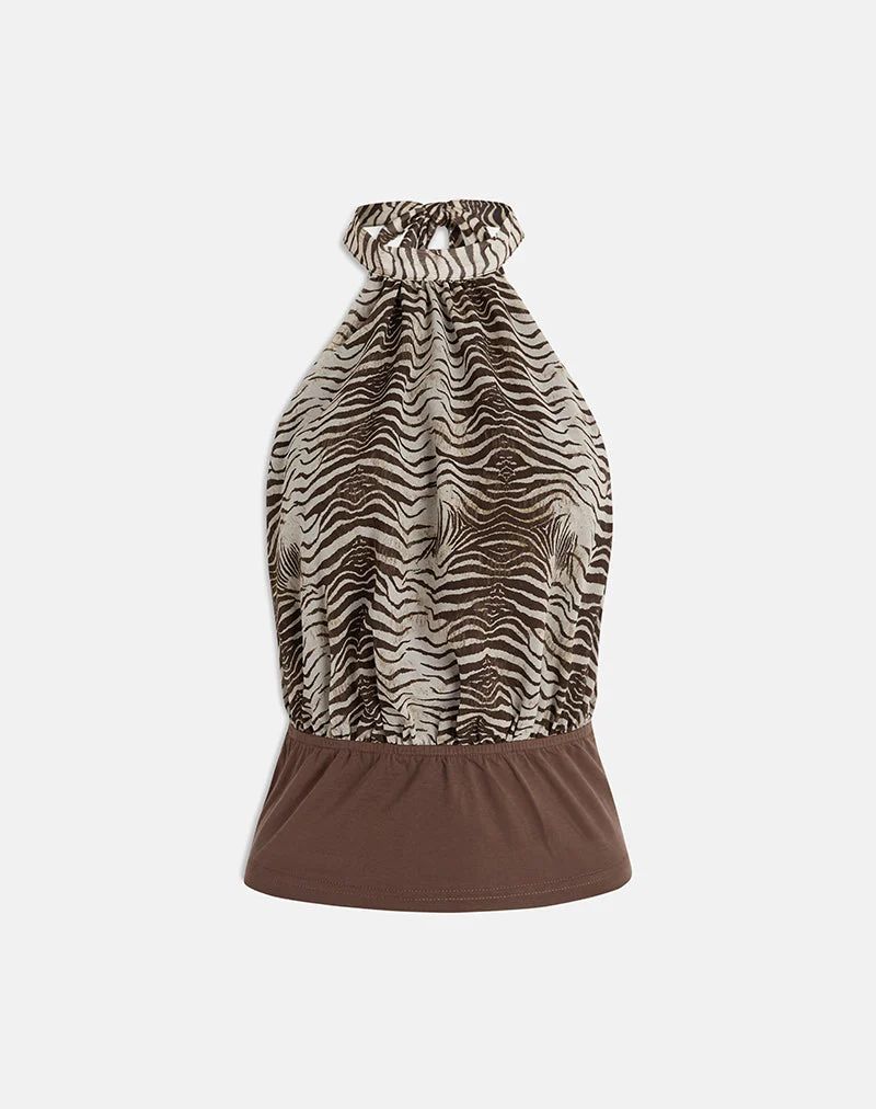 Haut dos nu Rania en mousseline imprimé animalier, couleur marron « Align »