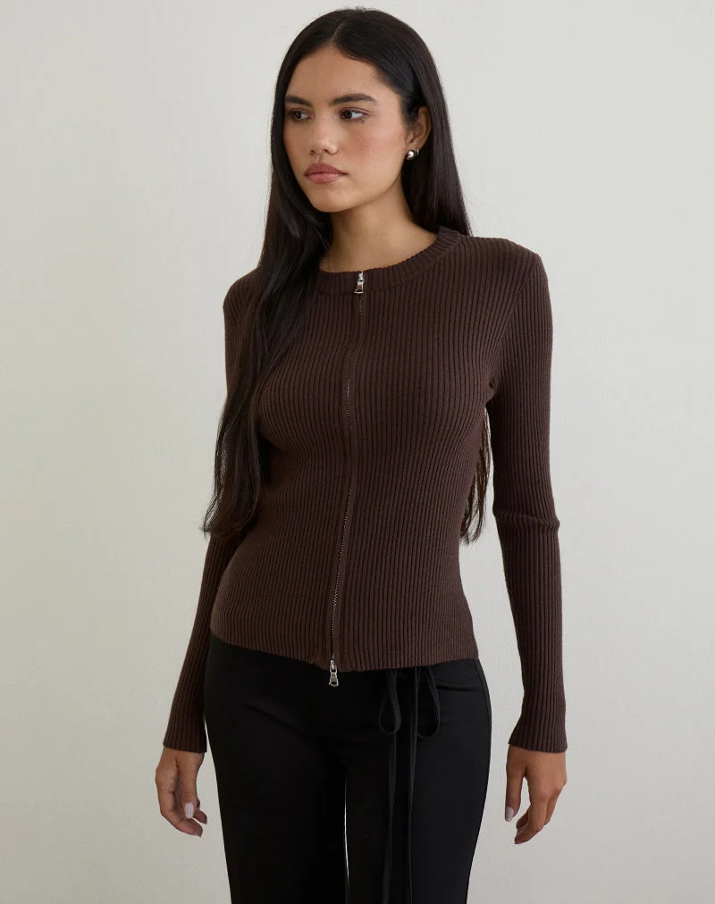 Liano Cardigan zippé en tricot côtelé marron