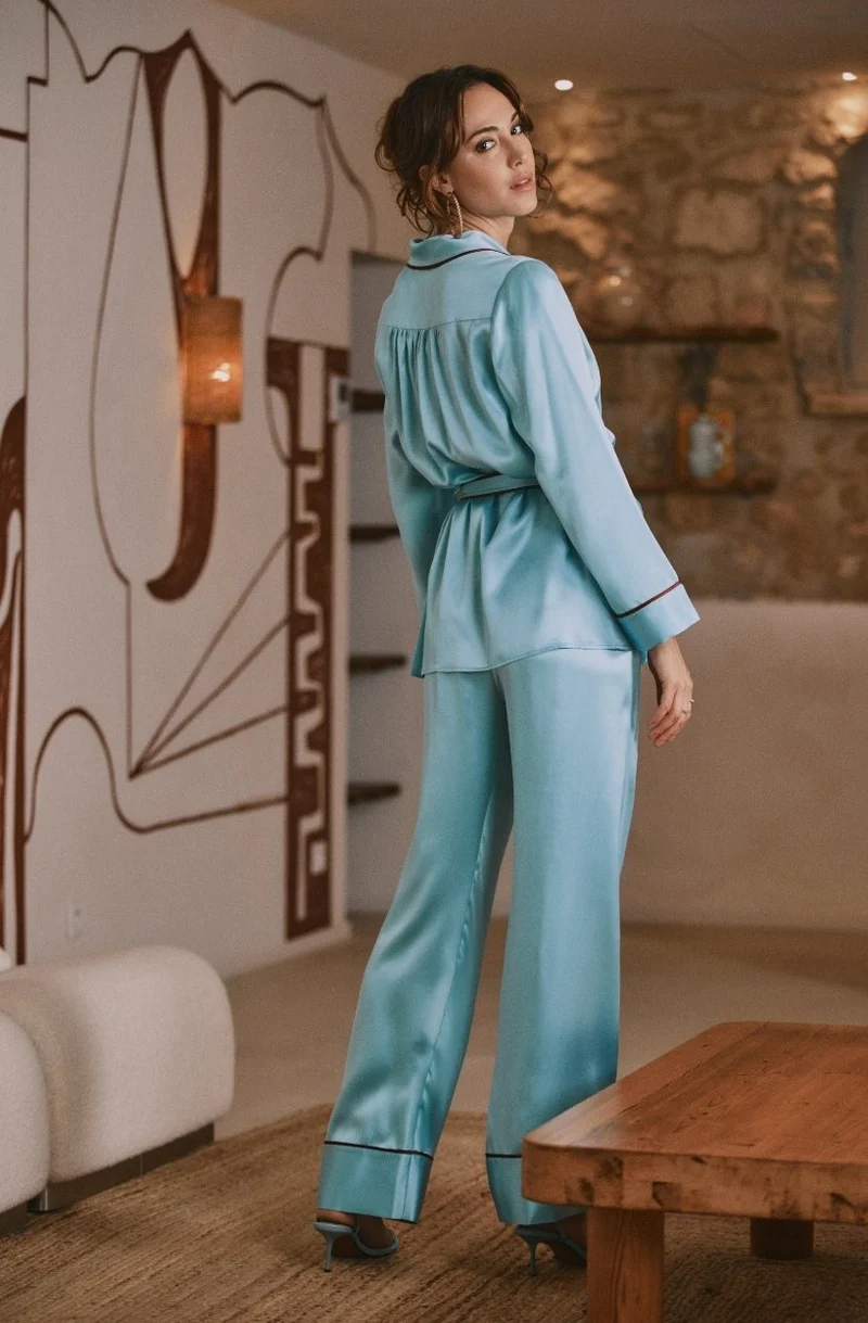 Pyjama en soie Diane orné de biais contrastés