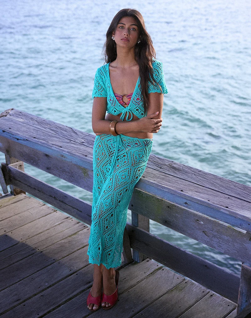 Jupe midi Diora en maille crochetée, couleur Aqua Sky