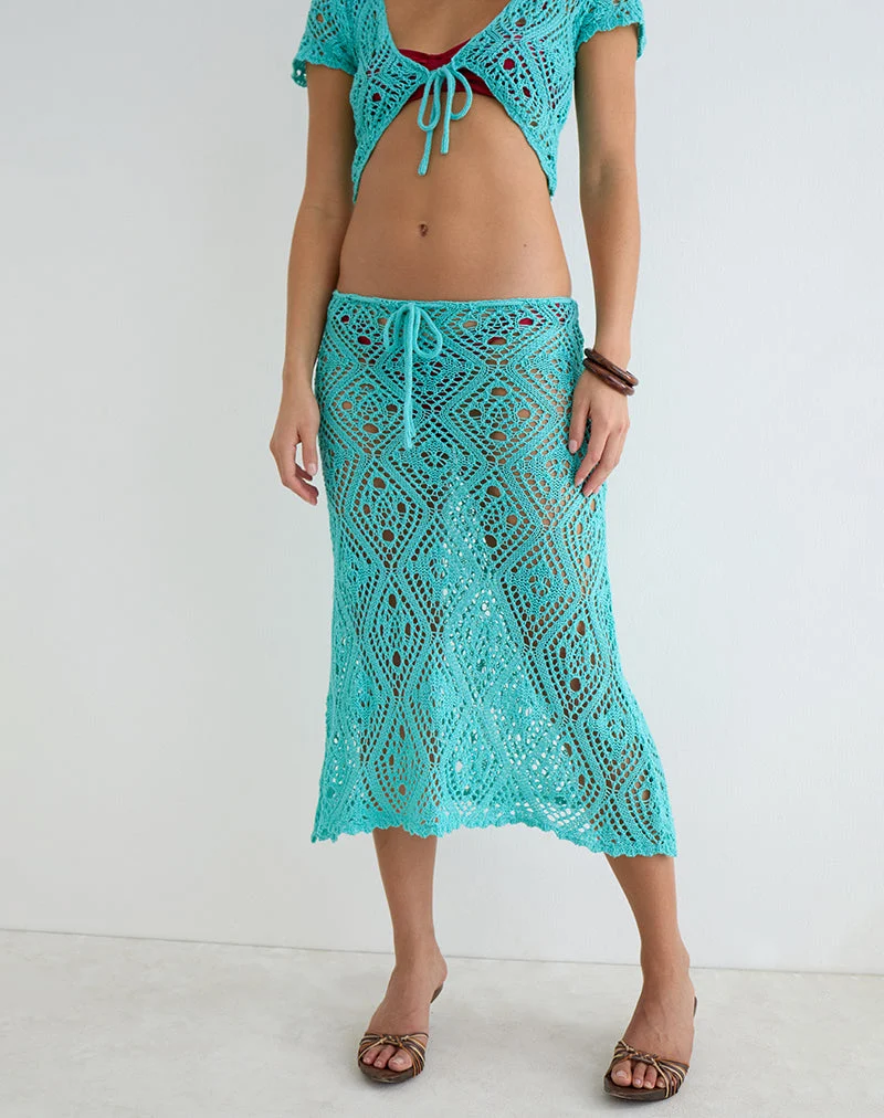 Jupe midi Diora en maille crochetée, couleur Aqua Sky
