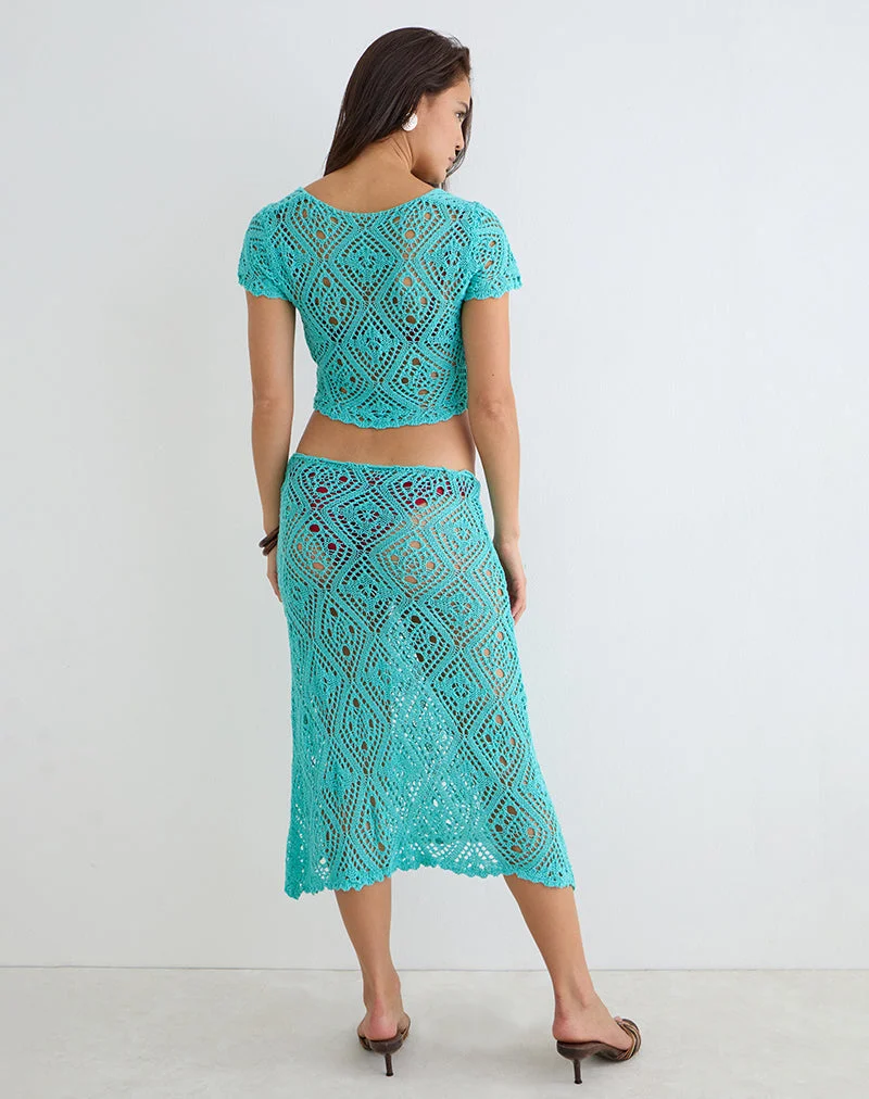 Jupe midi Diora en maille crochetée, couleur Aqua Sky
