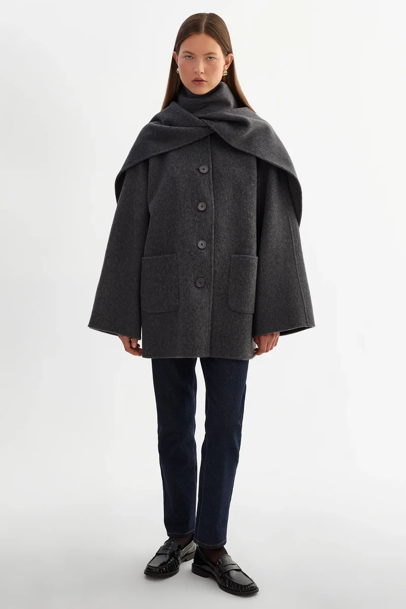 Manteau en laine avec col écharpe Anca