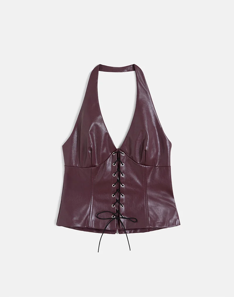 Wahya Lace Up Halter Top in PU Plum