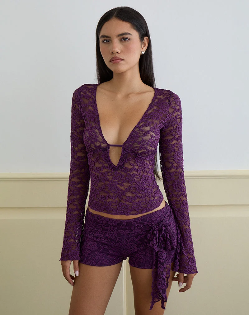 Mahota Deep Plunge Long Sleeve Top in Lace Purple (Top à manches longues plongeantes en dentelle)