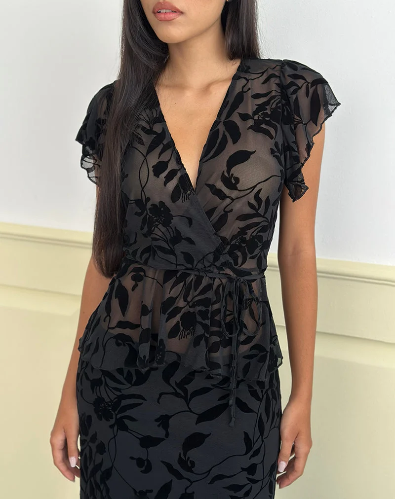 Giuliana Wrap Top in Flock Leaf Flower Black