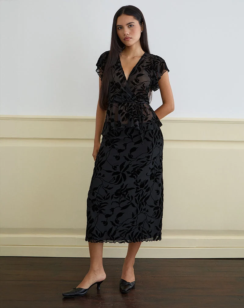 Giuliana Wrap Top in Flock Leaf Flower Black