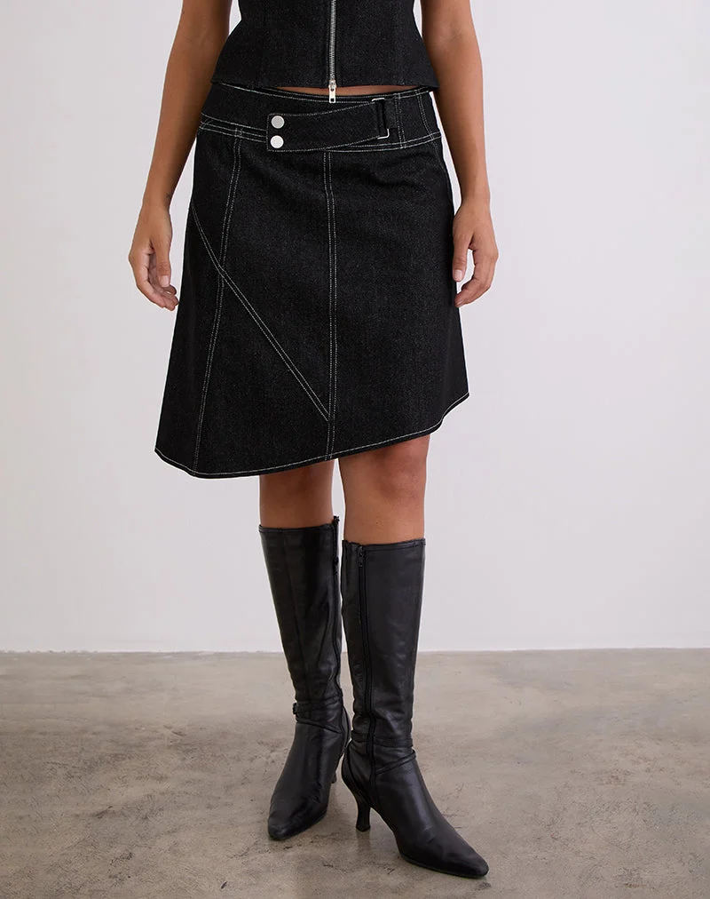 Hayashi - Jupe mi-longue asymétrique en denim noir délavé