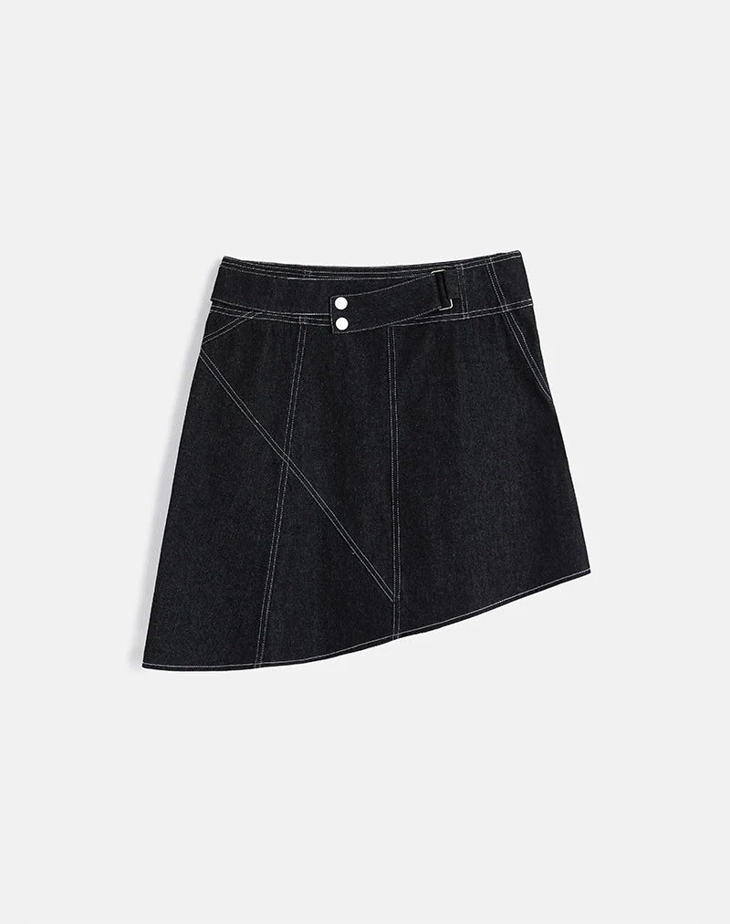 Hayashi - Jupe mi-longue asymétrique en denim noir délavé