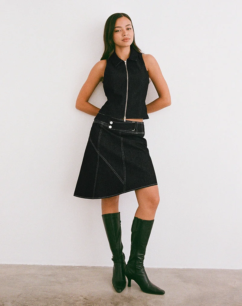 Hayashi - Jupe mi-longue asymétrique en denim noir délavé