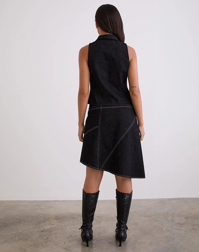 Hayashi - Jupe mi-longue asymétrique en denim noir délavé