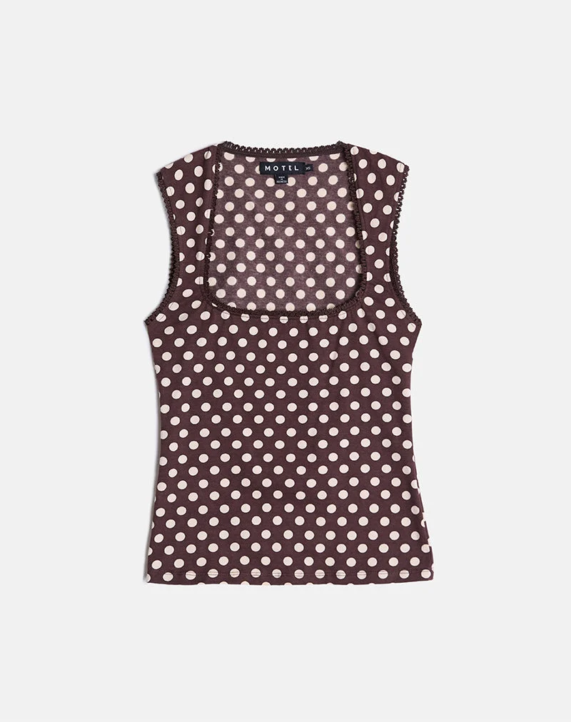 Jinalo Sweetheart Top in Brown with Small Cream Polka Prints