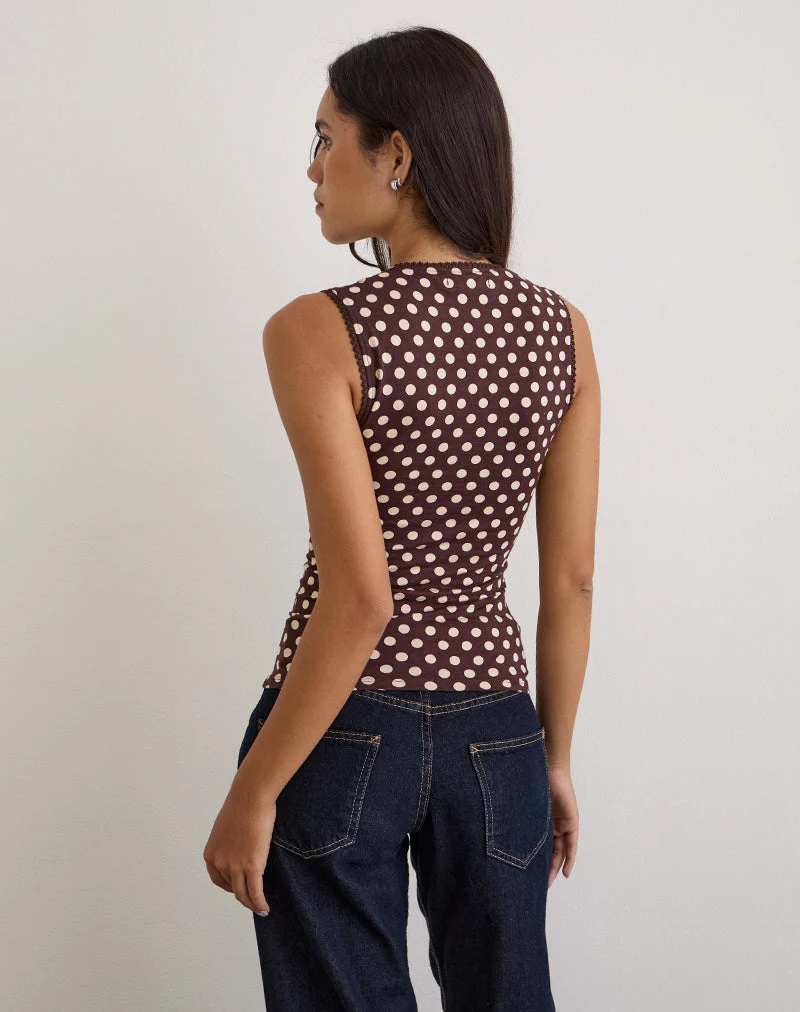 Jinalo Sweetheart Top in Brown with Small Cream Polka Prints