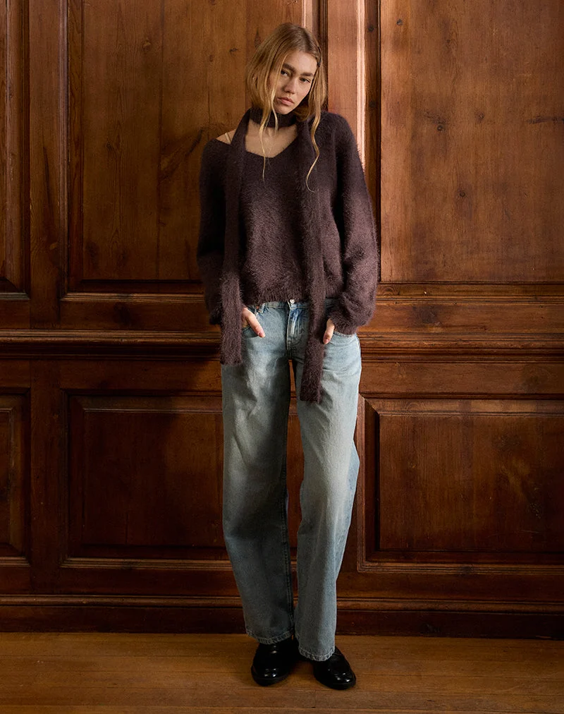 Pull Dikara avec écharpe en tricot marron