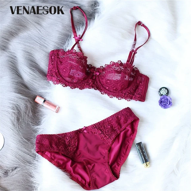 Ultrathin Bras Lace White Transparent Lingerie Set Plus Size Half Cup Bra and Panty Sets Brassiere Bow Women Sexy Underwear Set