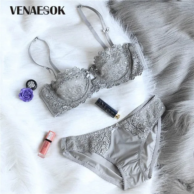 Ultrathin Bras Lace White Transparent Lingerie Set Plus Size Half Cup Bra and Panty Sets Brassiere Bow Women Sexy Underwear Set