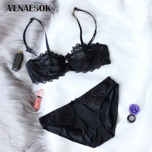 Ultrathin Bras Lace White Transparent Lingerie Set Plus Size Half Cup Bra and Panty Sets Brassiere Bow Women Sexy Underwear Set