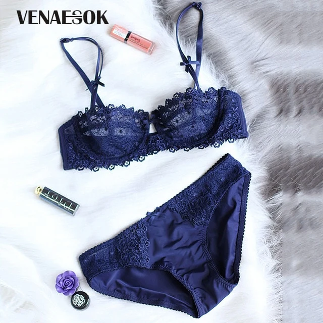 Ultrathin Bras Lace White Transparent Lingerie Set Plus Size Half Cup Bra and Panty Sets Brassiere Bow Women Sexy Underwear Set