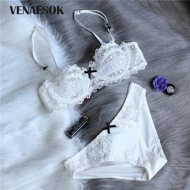 Ultrathin Bras Lace White Transparent Lingerie Set Plus Size Half Cup Bra and Panty Sets Brassiere Bow Women Sexy Underwear Set