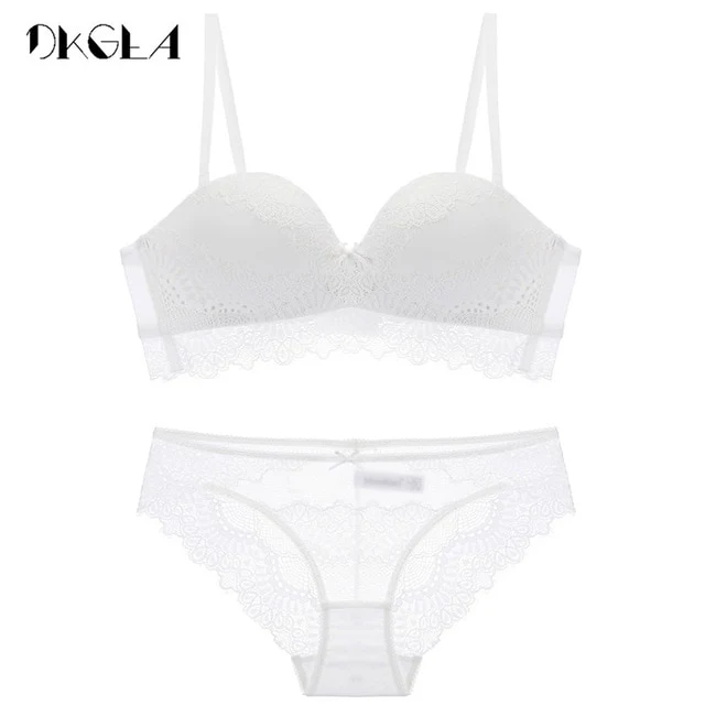 New Non-slip Half Cup Bra Set White Embroidery Women Lingerie Set A B C Cup Brassiere Thick Cotton Bra Sexy Underwear Set Lace