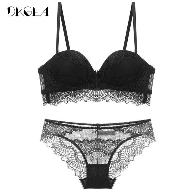 New Non-slip Half Cup Bra Set White Embroidery Women Lingerie Set A B C Cup Brassiere Thick Cotton Bra Sexy Underwear Set Lace