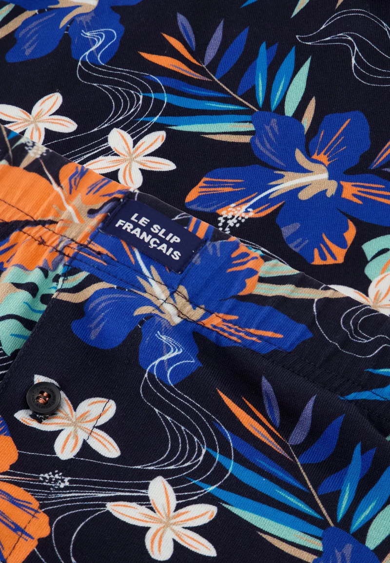 Caleçon bleu à motif florales en jersey de coton - Fredo Hawaï Bleu Nautique