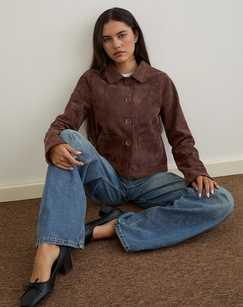Quincy Faux Suede Cropped Jacket in Brown
