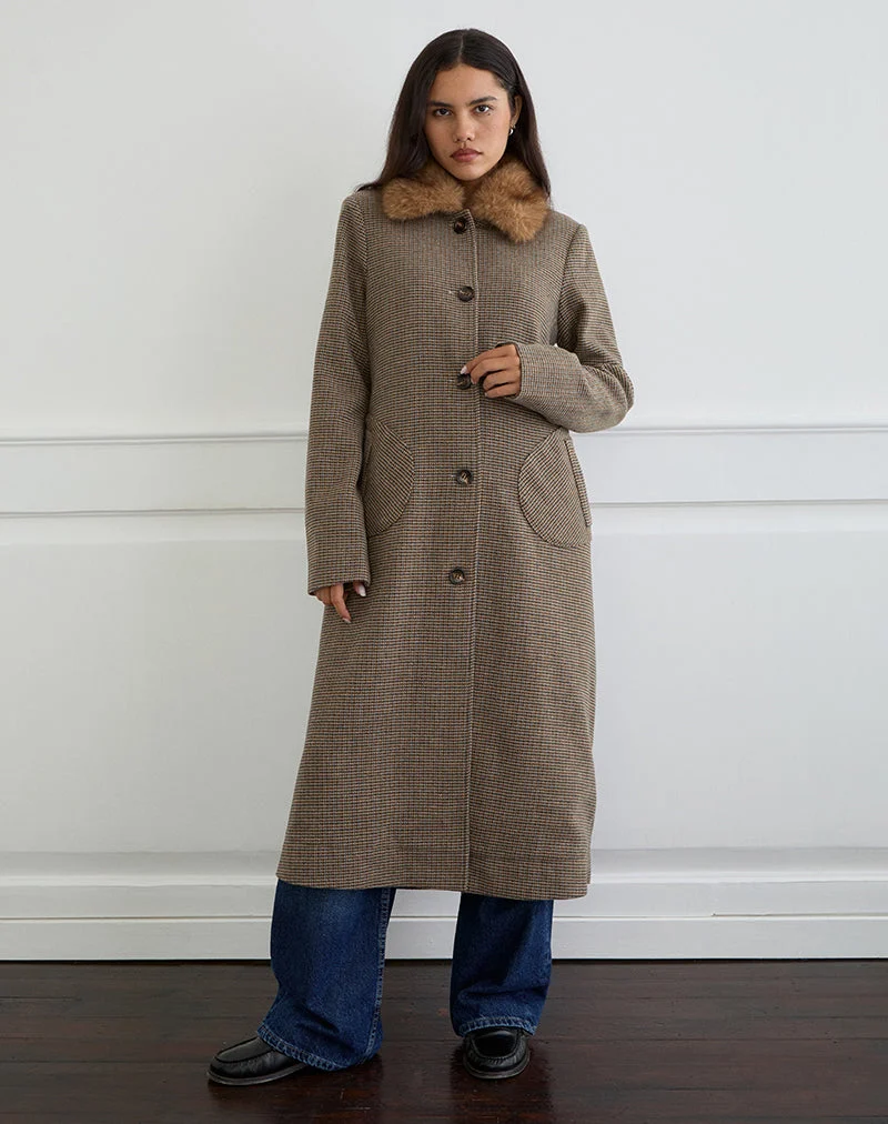 Norciel Longline Coat in Check Brown with Fur Collar (manteau long à carreaux marron avec col en fourrure)