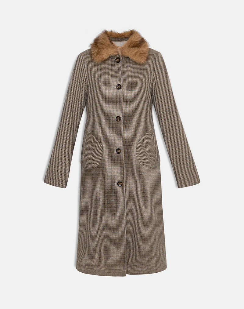 Norciel Longline Coat in Check Brown with Fur Collar (manteau long à carreaux marron avec col en fourrure)