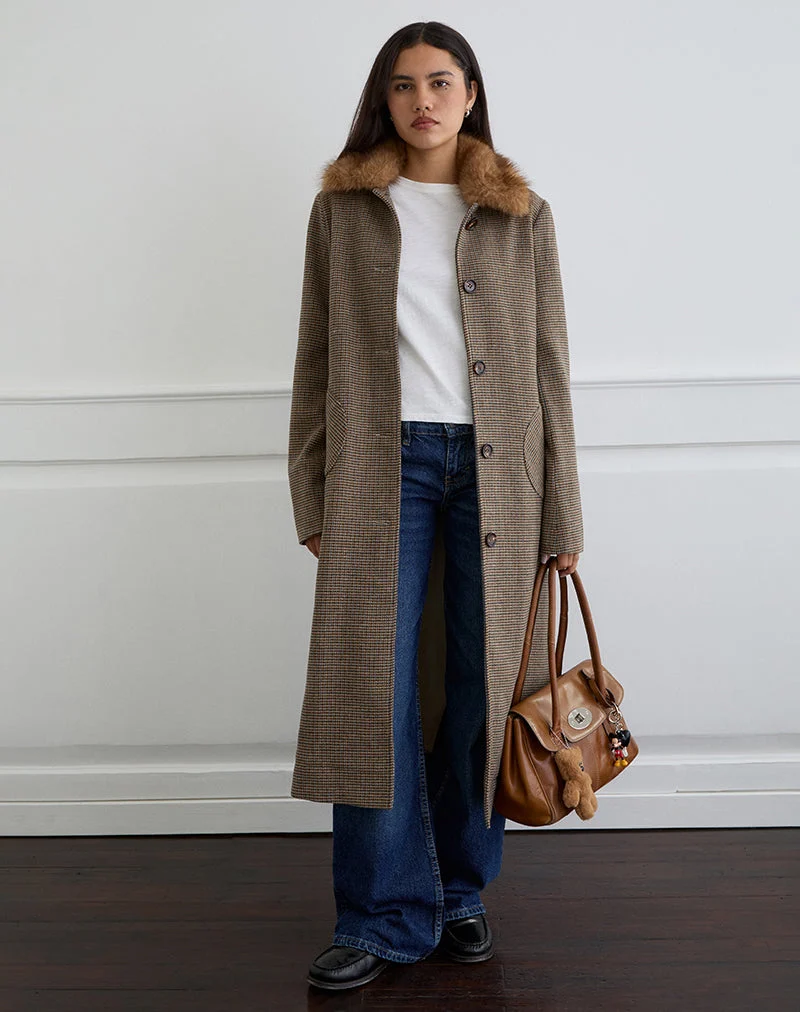 Norciel Longline Coat in Check Brown with Fur Collar (manteau long à carreaux marron avec col en fourrure)