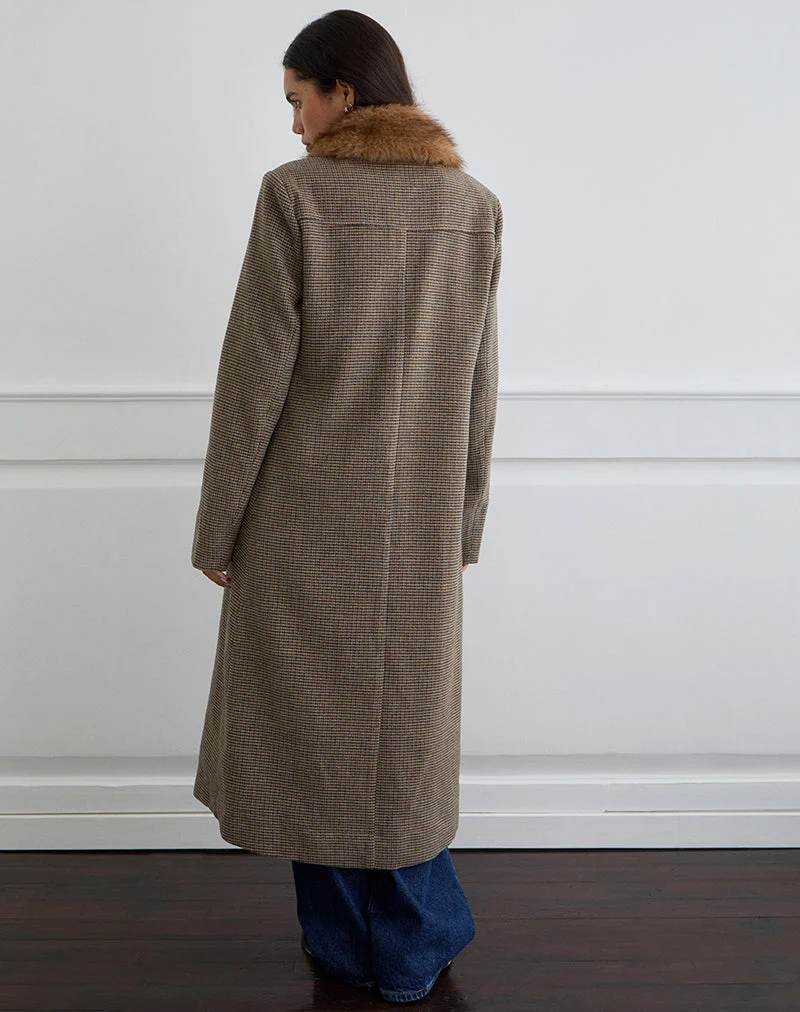 Norciel Longline Coat in Check Brown with Fur Collar (manteau long à carreaux marron avec col en fourrure)