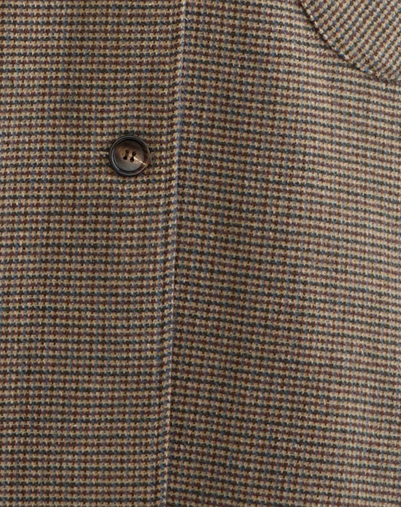 Norciel Longline Coat in Check Brown with Fur Collar (manteau long à carreaux marron avec col en fourrure)