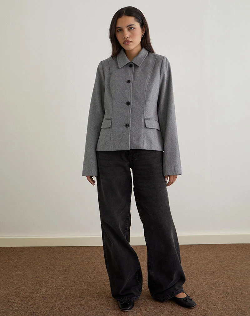 Ziya Collared Button Up Jacket in Wool Grey (Veste boutonnée à collet en laine grise)
