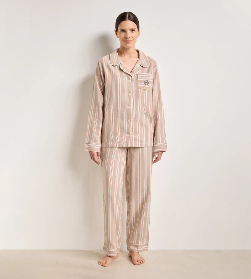 Ensemble pyjama femme flanelle rayée brun et beige DIM x Ines de la Fressange