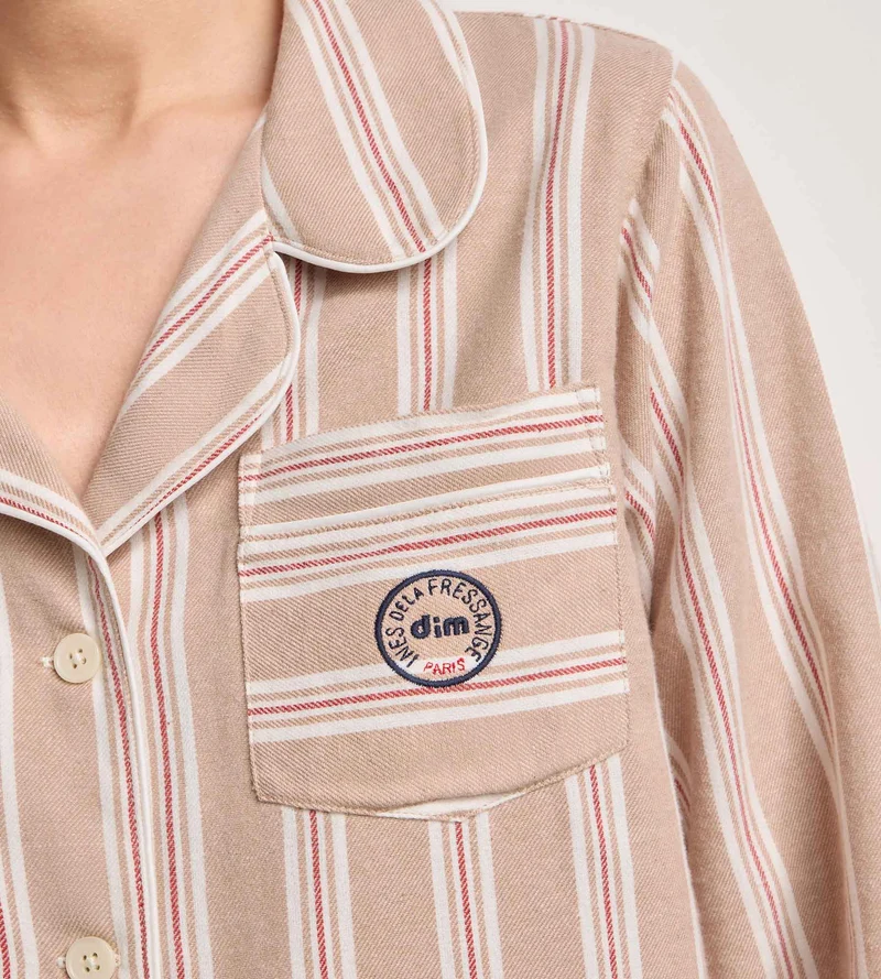 Ensemble pyjama femme flanelle rayée brun et beige DIM x Ines de la Fressange