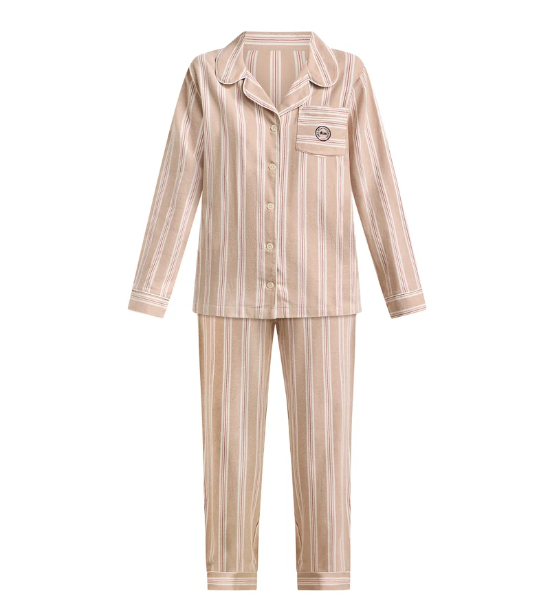 Ensemble pyjama femme flanelle rayée brun et beige DIM x Ines de la Fressange