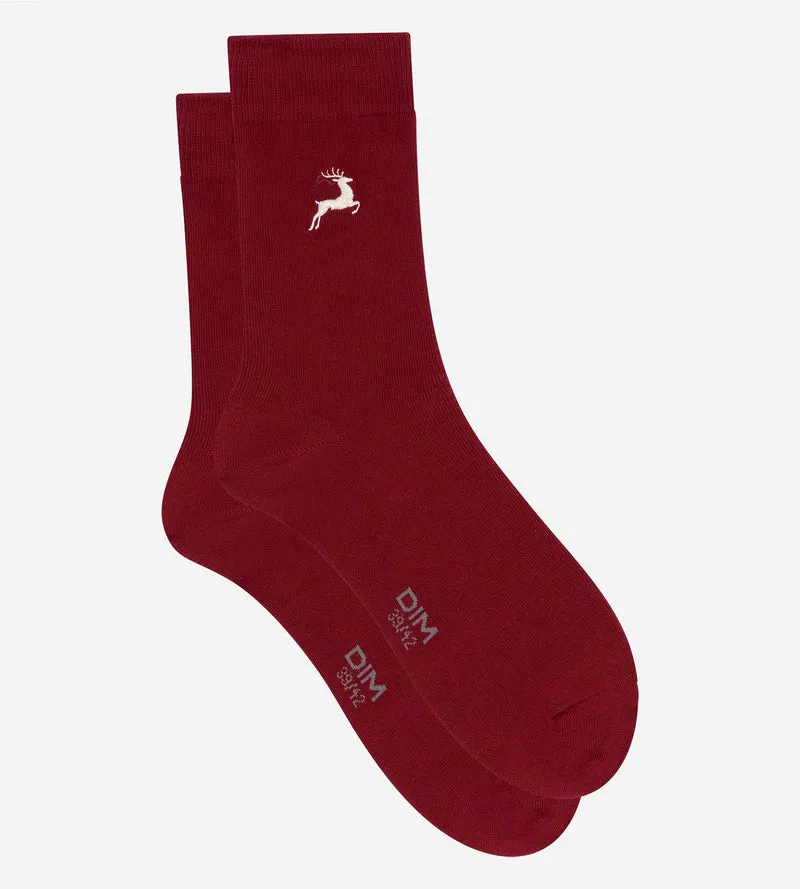 Chaussettes homme mi-hautes rouge foncé à motif renne Coton Fancy