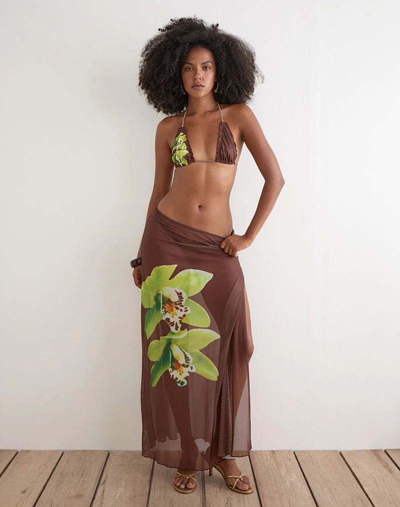 Haut de bikini Pumyla marron orné d'une fleur de dendrobium verte