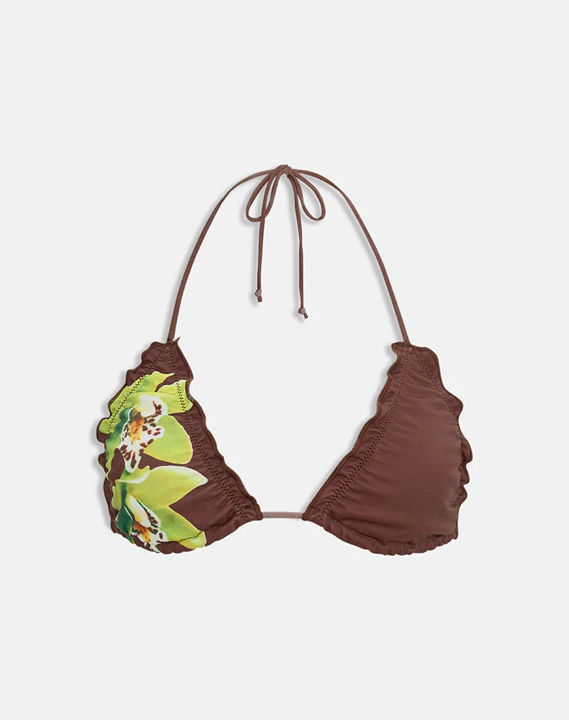 Haut de bikini Pumyla marron orné d'une fleur de dendrobium verte