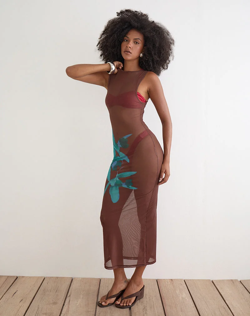 Robe midi Fay marron avec rose du désert bleue