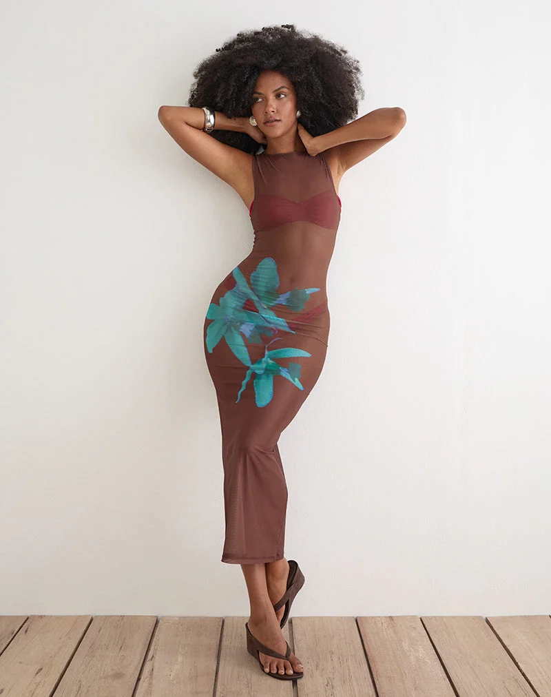 Robe midi Fay marron avec rose du désert bleue