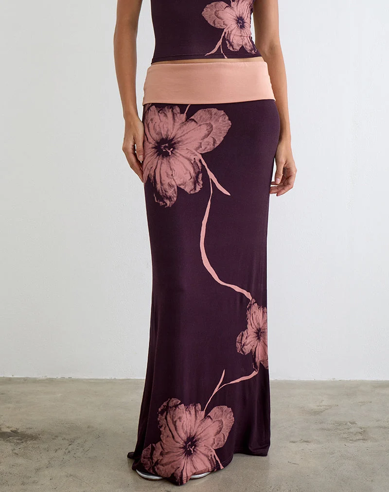 Jupe longue Valdra, couleur bordeaux, avec motif floral