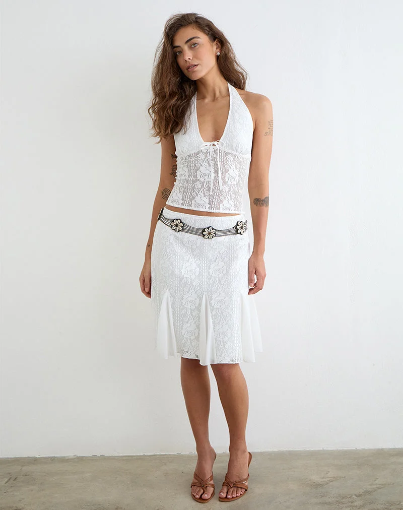 Jupe midi Saiwa en dentelle à motifs floraux, blanche