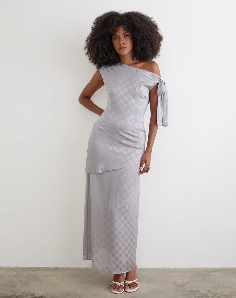 Robe longue Sardian en mousseline, motif à pois monochrome gris argenté