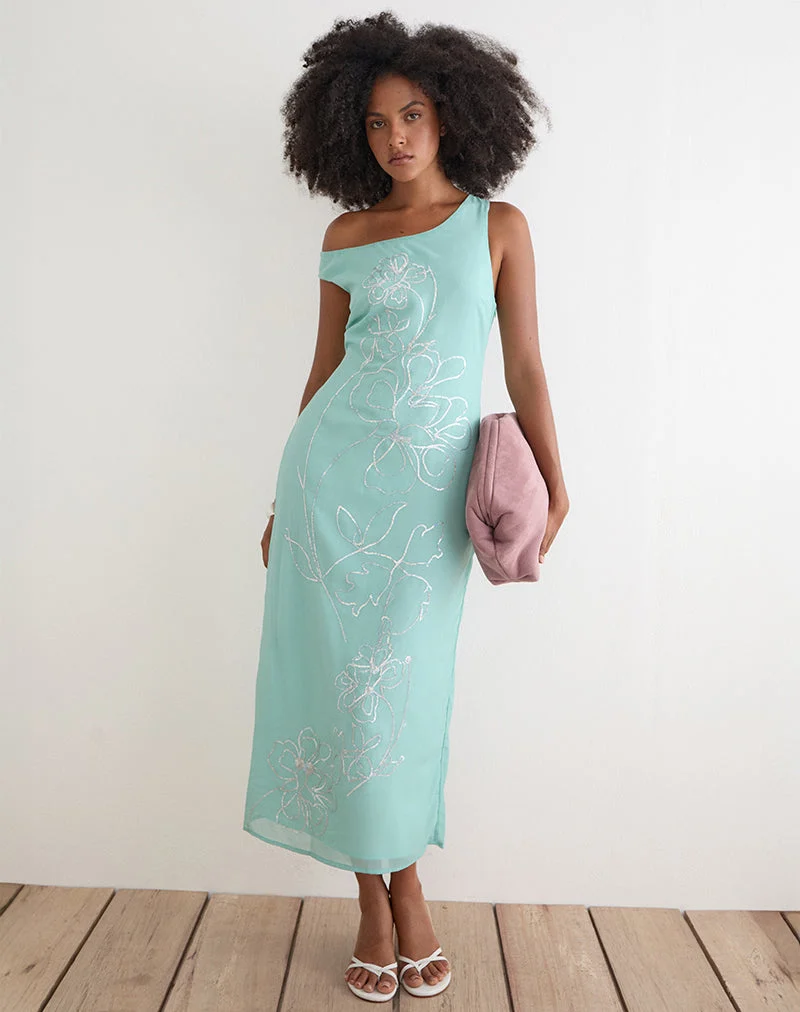Robe longue Yelsa en mousseline à motifs floraux et paillettes, couleur turquoise